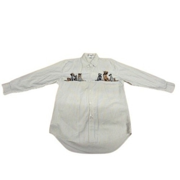 "Casey Coleman" Striped Button Down Shirt Embroid. Dog Tan White NO SIZE TAG L? - Picture 5 of 10
